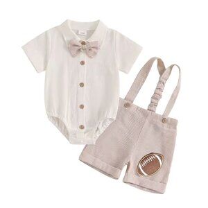Football outfit Beige Boy First Birthday Outfit Football Clothes Suspenders